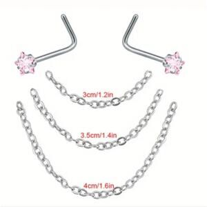 Pink crystal double nose rings with chain, stainless steel 20 gauge (0.8mm)